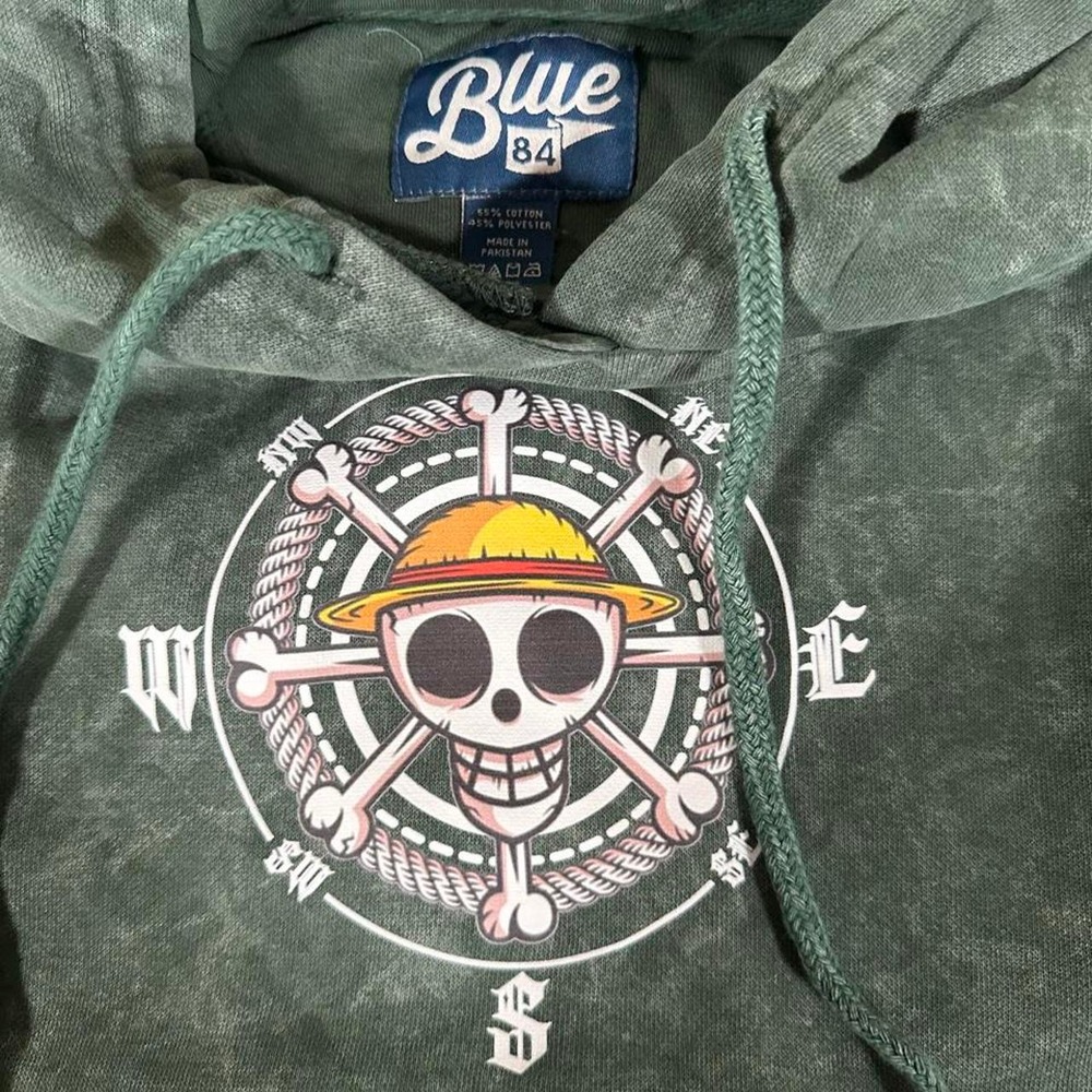 Blue 84 One Piece Luffy Hoodie Mens Small Green Gray Acid Wash Graphic Pullover